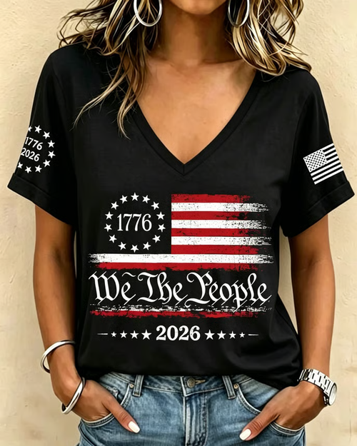 250th Anniversary Retro National Flag Print V-neck Short Sleeve Tshirt