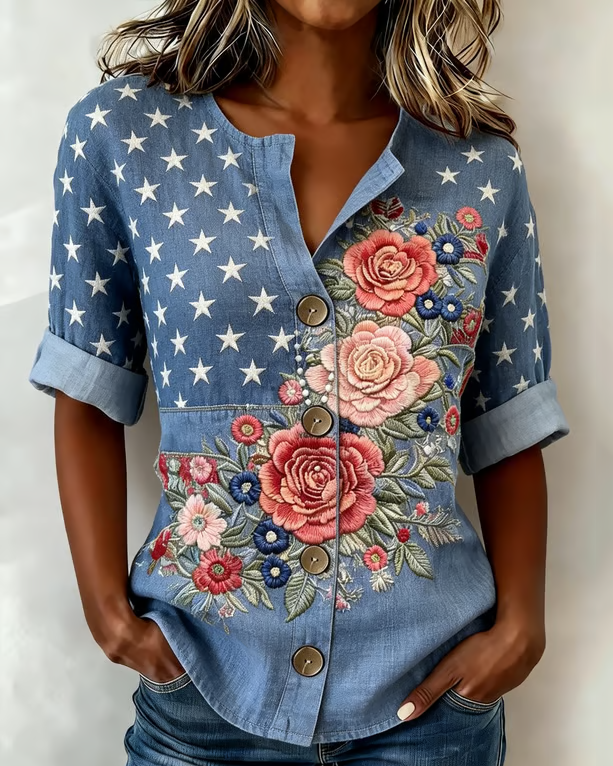 250th Anniversary Rose Splicing Cotton Linen Print Blouse