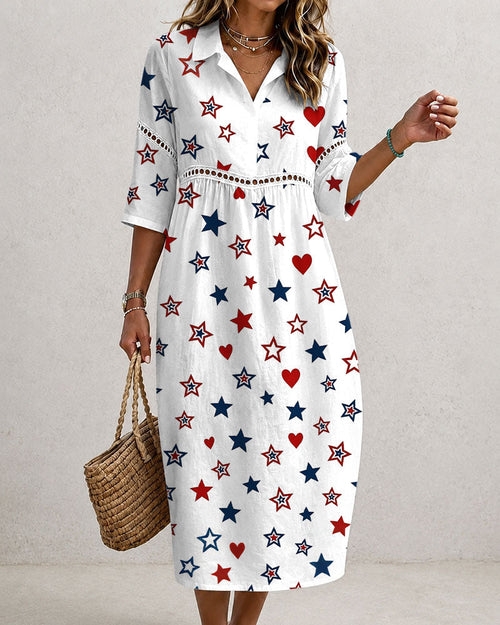 250th Anniversary Star Print Collared Cutout Casual Linen-Cotton Midi Dress