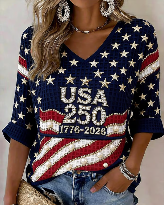 250th Anniversary Star and Flag V-neck Half Sleeved Loose Top