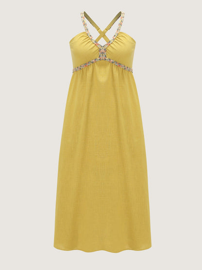 Cotton Linen Breathable Color Contrast Edges Maxi Dress