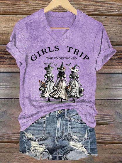 Women's Funny Halloween Witch Girls Trip Time To Get Wicked Casual V-Neck Tee