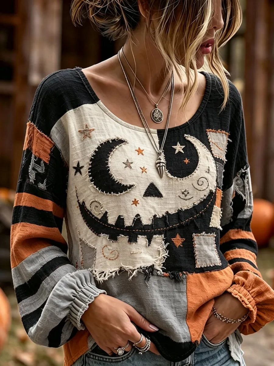 Women's Retro Halloween Art Linen Long-Sleeve Linen Shirt