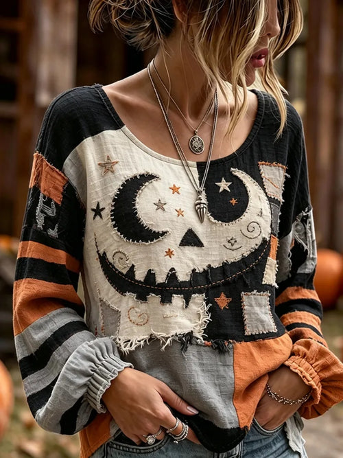 Women's Retro Halloween Art Linen Long-Sleeve Linen Shirt