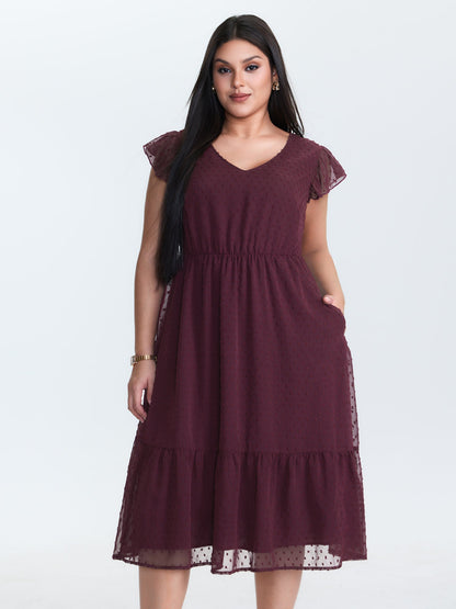 Textured Chiffon Flutter Sleeve Midi Dress