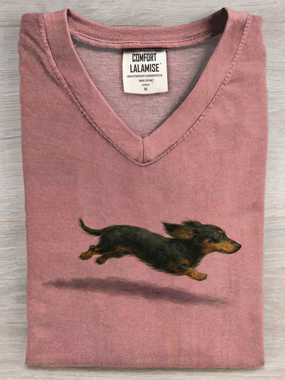 Funny Cute Running Dachshund Art Print V-neck Casual T-shirt
