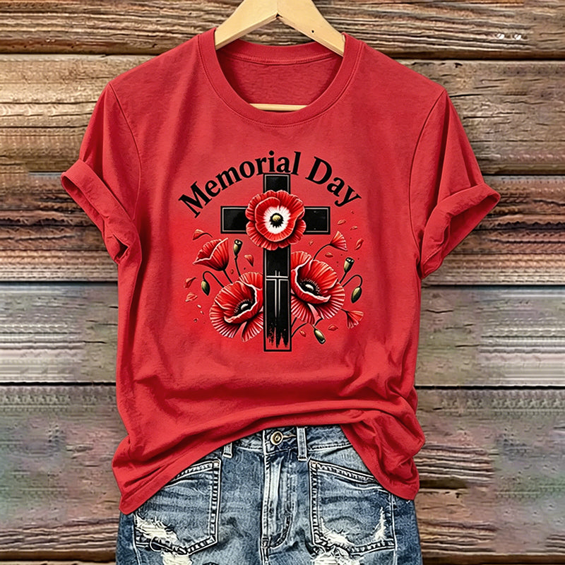 Women's Memorial Day Poppy Art Printed T-Shirt