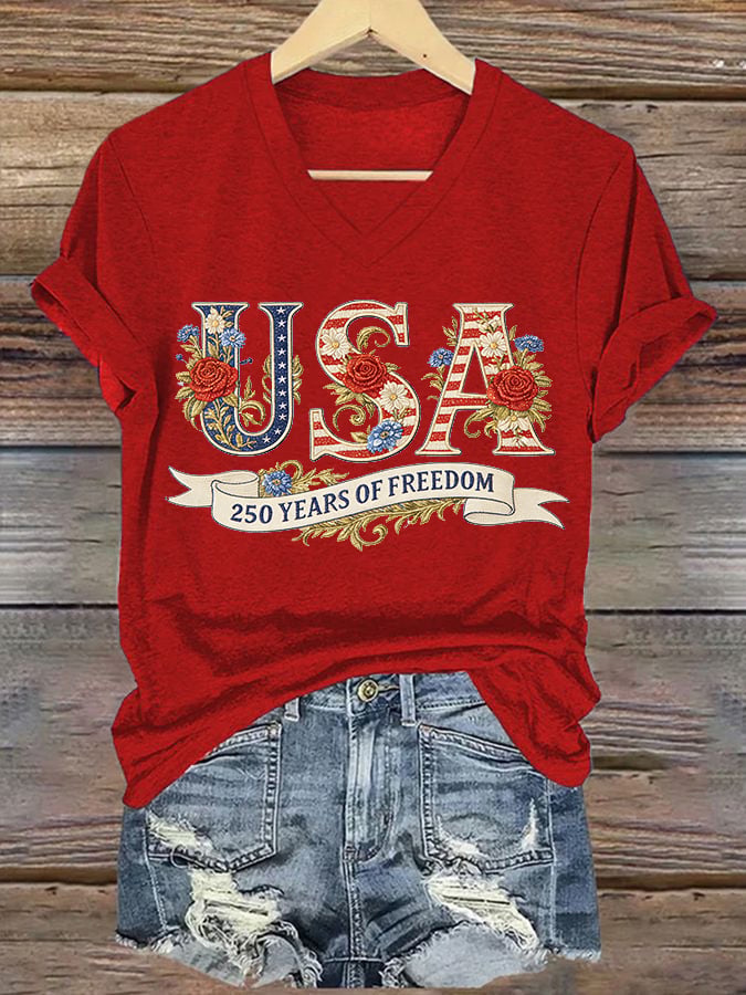 Women's American 250th Anniversary Print Casual V-Neck T-Shirt