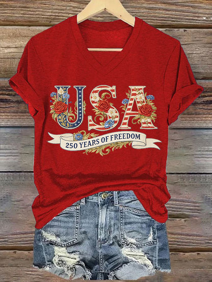 Women's American 250th Anniversary Print Casual V-Neck T-Shirt
