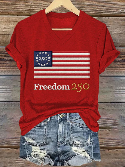 V-Neck Retro 250th Anniversary 250 Freedom Print T-Shirt