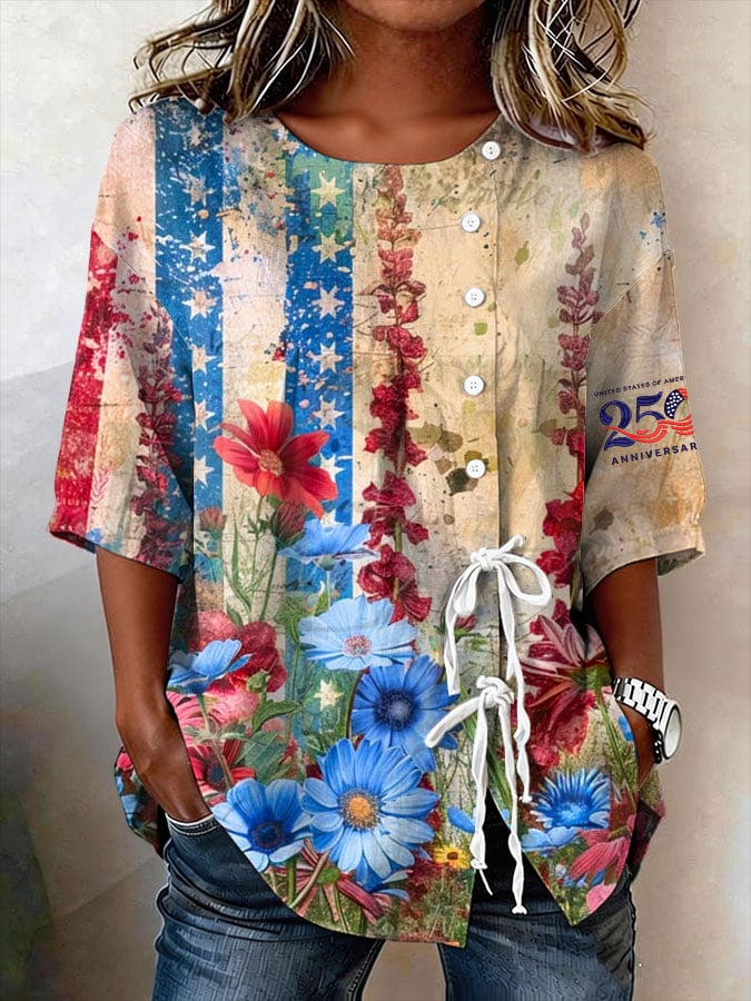Women's Retro Floral 250 Years Print Button Lace Up Tie Shirt