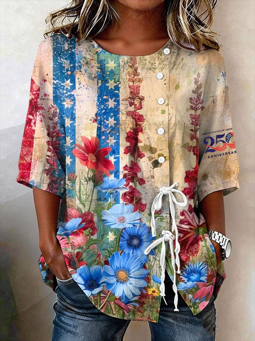 Women's Retro Floral 250 Years Print Button Lace Up Tie Shirt