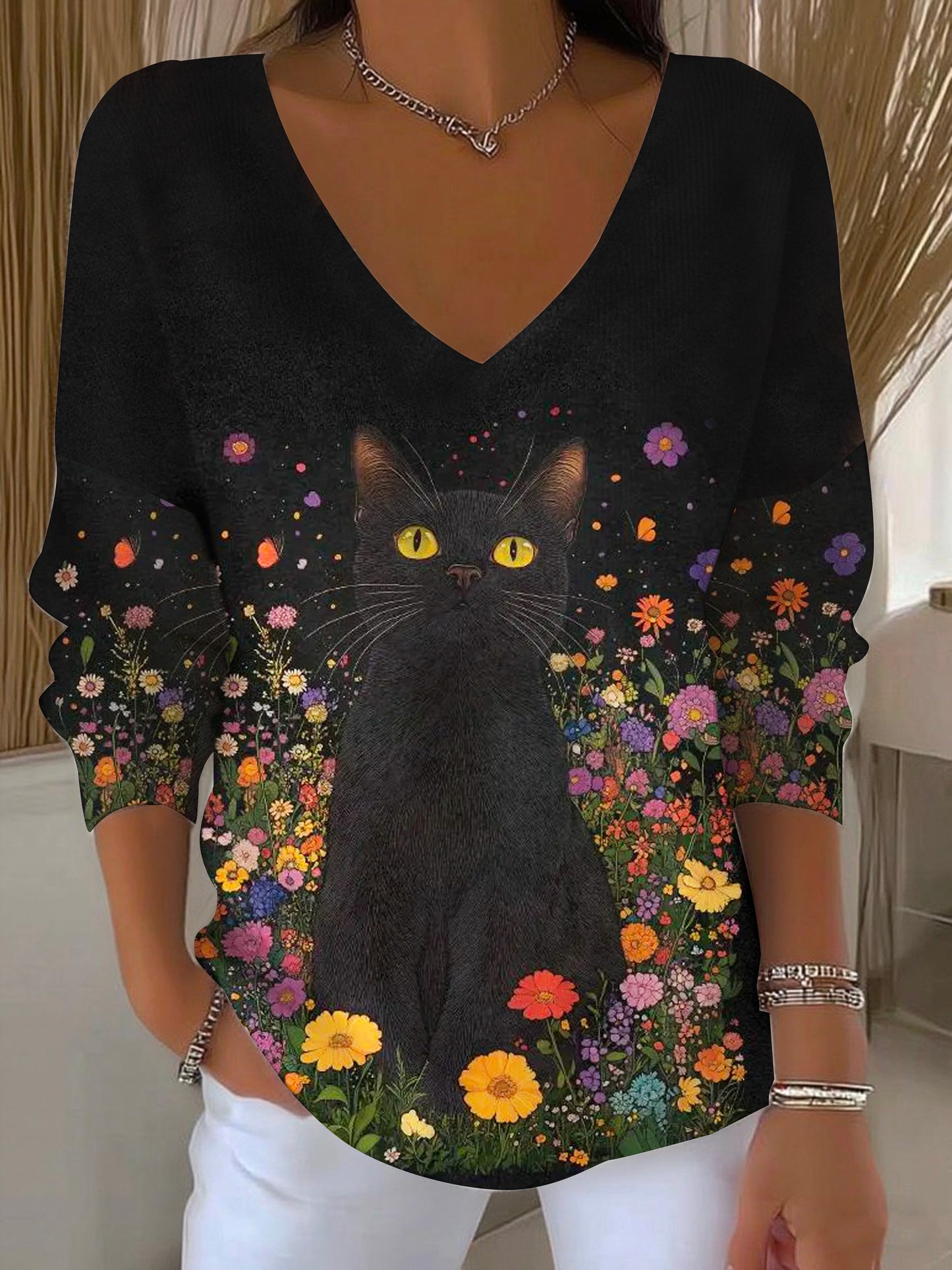 Women's Autumn Black Cat Garden Bohemian Floral Print Casual Top