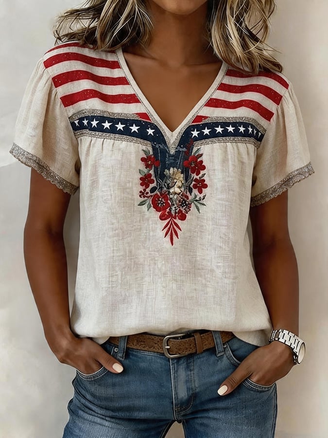 Women's Casual  Short-Sleeve Positioning Print Cotton-Linen Top