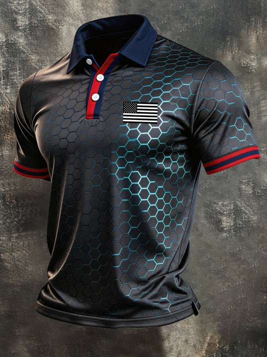 Men's Retro Patriotic Color-Block Short-Sleeve Polo Shirt