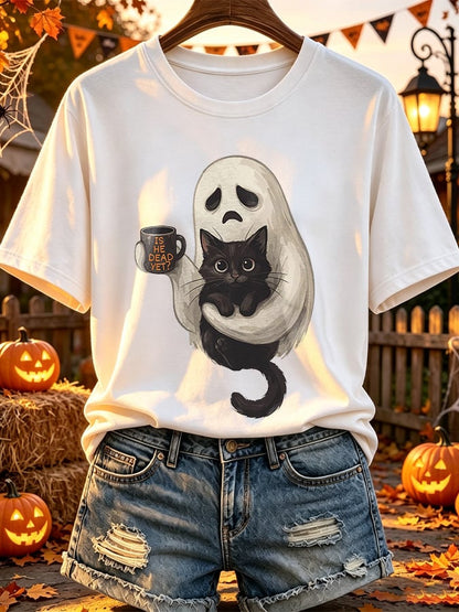 Retro Halloween Is He Dead Yet Ghost Black Cat Coffee Print T-Shirt