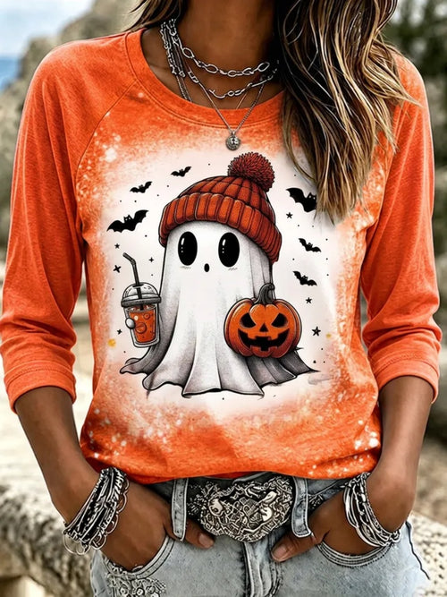 Women's Halloween-Themed Print Long Sleeve T-Shirt