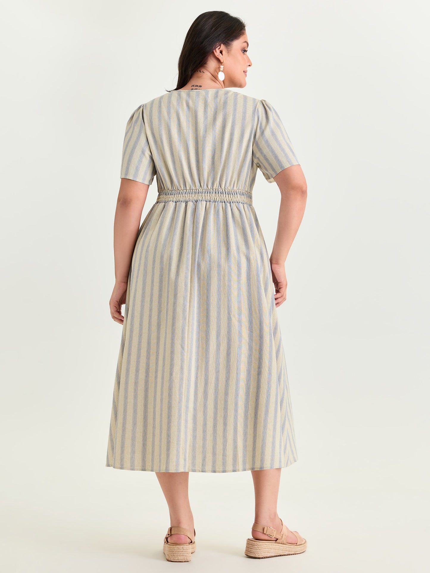 Monochrome Striped Print Split Neck Midi Dress