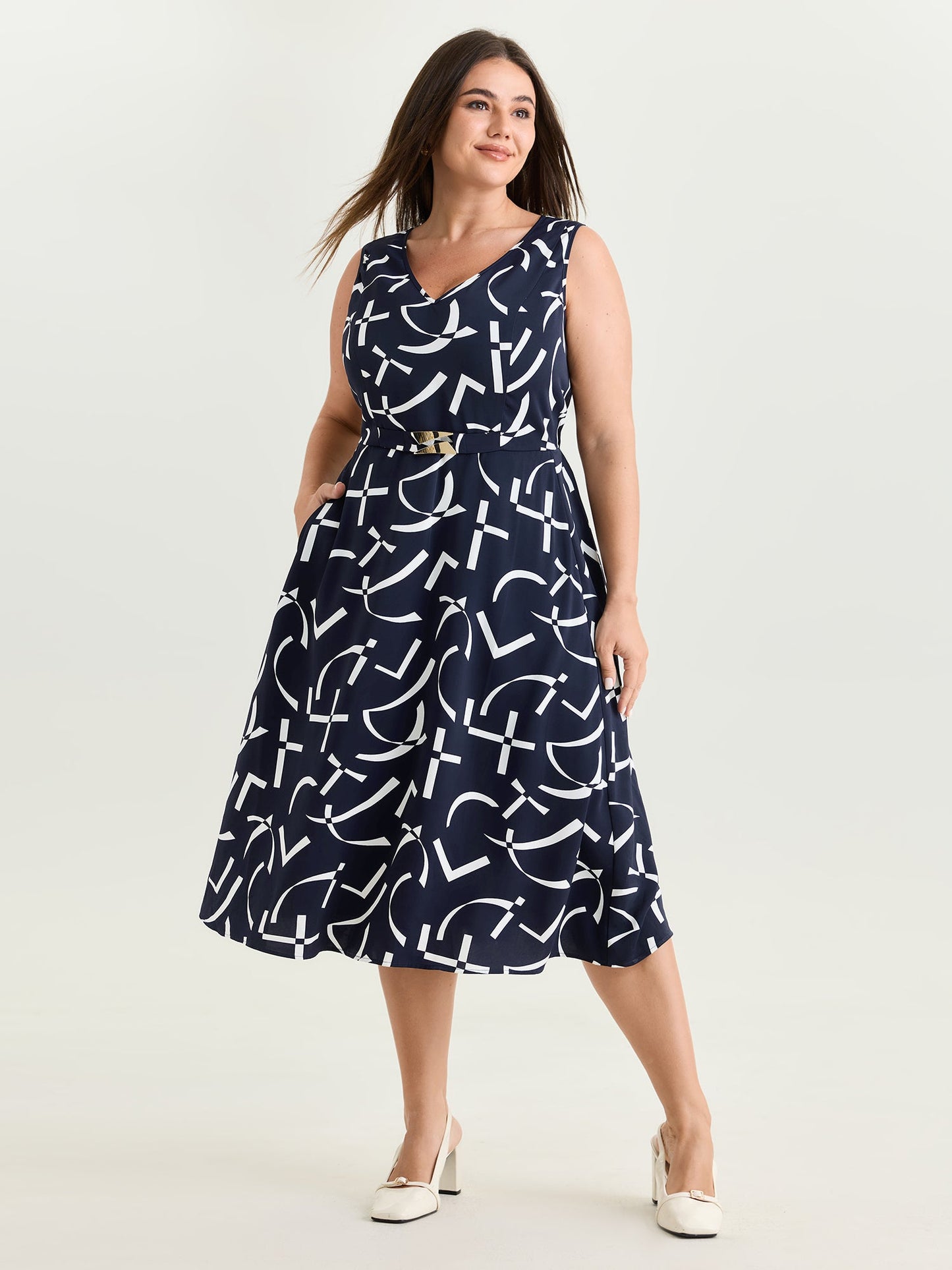 Geometric Print Metallic Detail Midi Dress