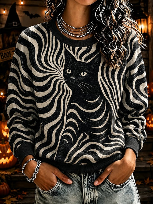 Women's Cute Cat Print Casual Waffle-Knit Top
