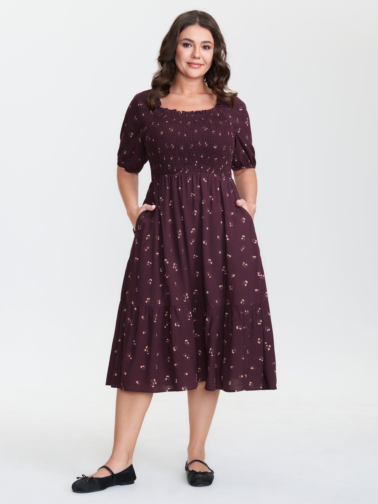 Micro Floral Shirred Bodice Midi Dress