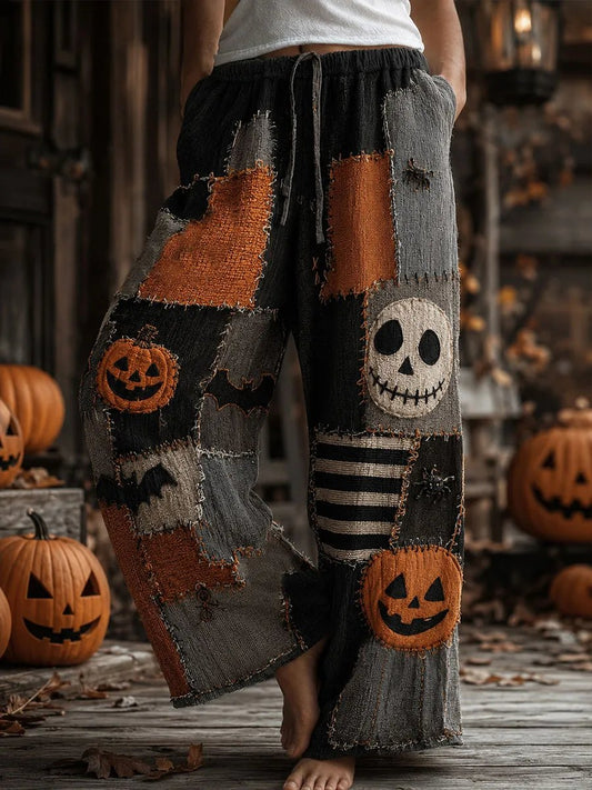 Women's Halloween Pumpkin Patchwork Art Pattern Comfortable Cotton Linen Wide-Leg Pants
