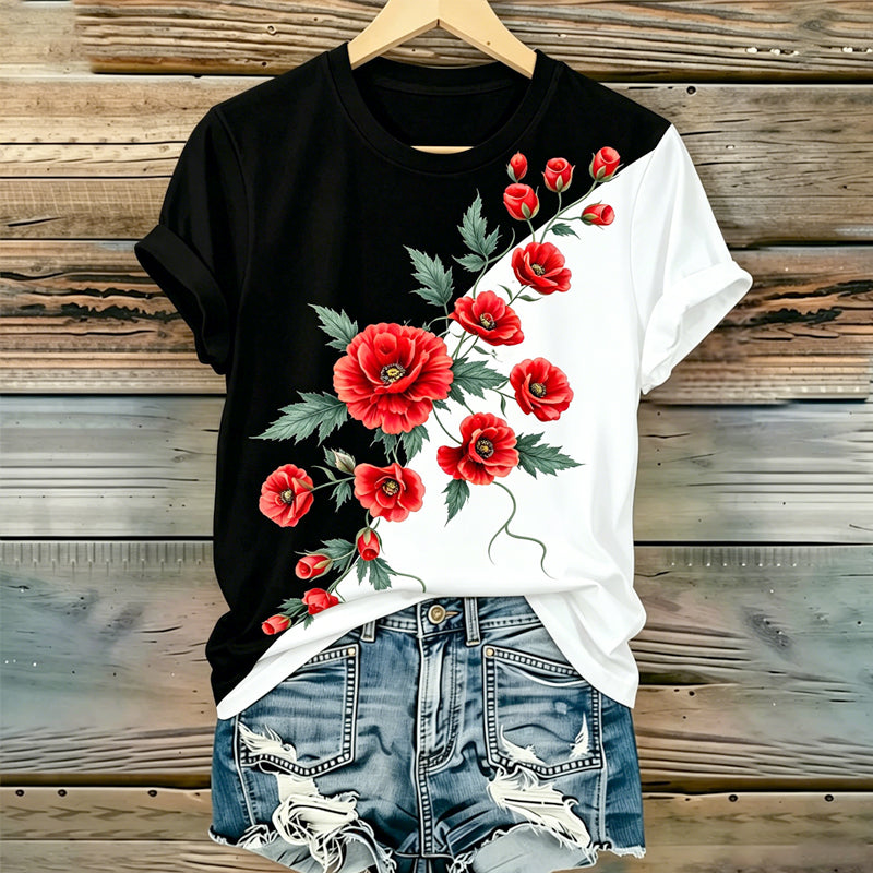 Women's Memorial Day Poppy Art Printed T-Shirt