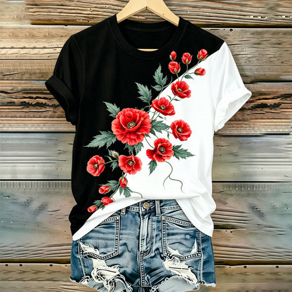 Women's Memorial Day Poppy Art Printed T-Shirt