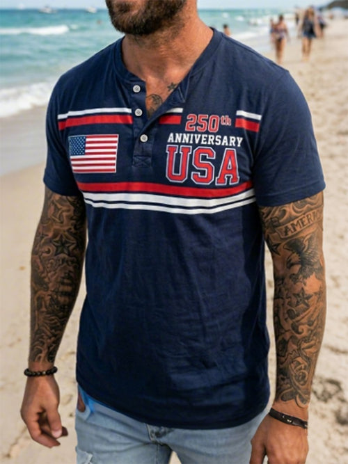 Men's Retro American Anniversary Henley Collar Short-Sleeve T-Shirt