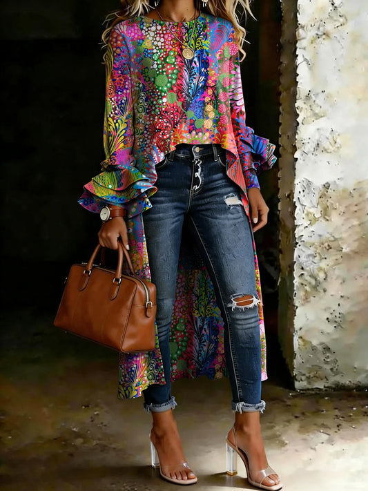 Women's Vintage Multicolor Floral Casual Solid Color Cotton Shirt