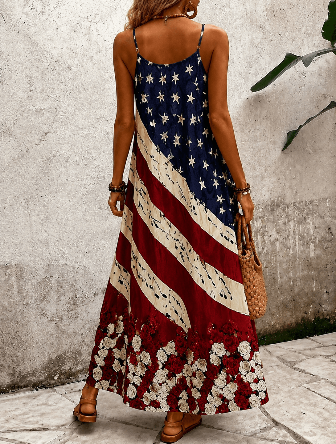 Sling American Flag Rose Splicing Print Pocket Maxi Dress
