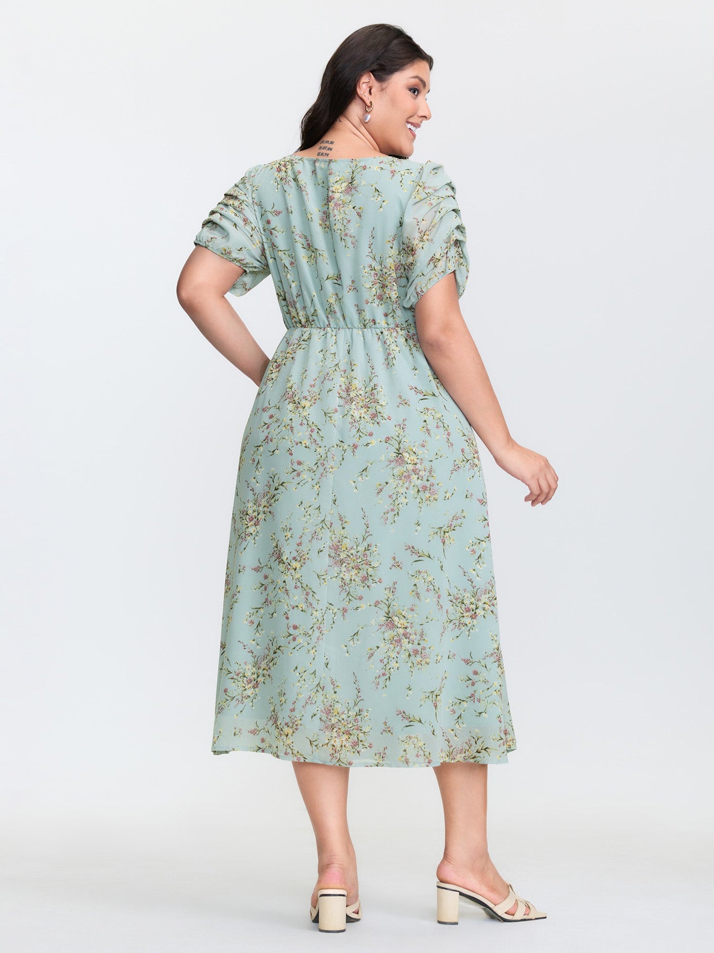 Floral Print Puffy Sleeve Midi Dress