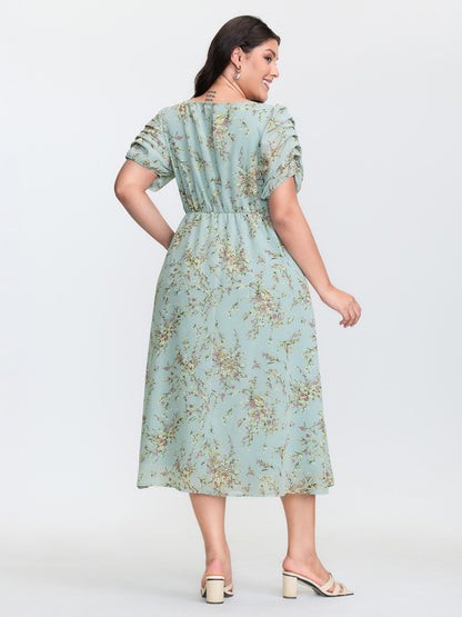 Floral Print Puffy Sleeve Midi Dress
