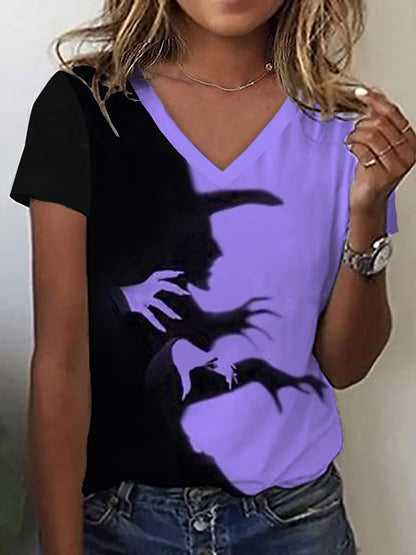 Women's Halloween Witch Shadow Print Casual V-Neck Tee