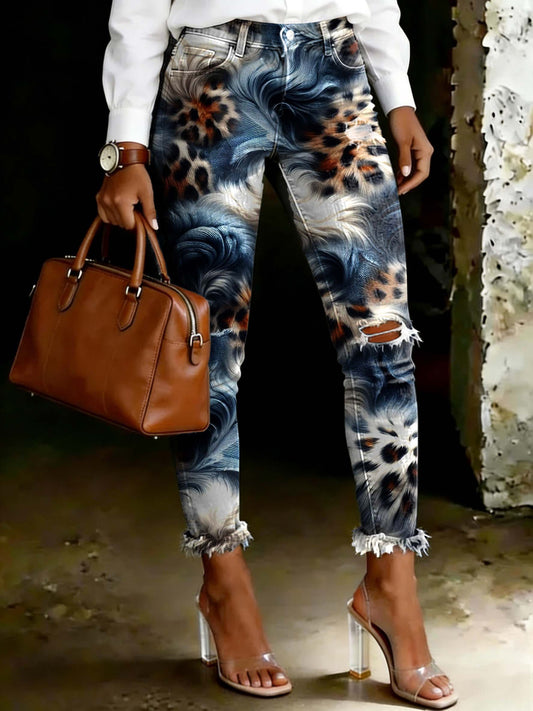 Women's Vintage Leopard Print Art Ripped Skinny Jeans