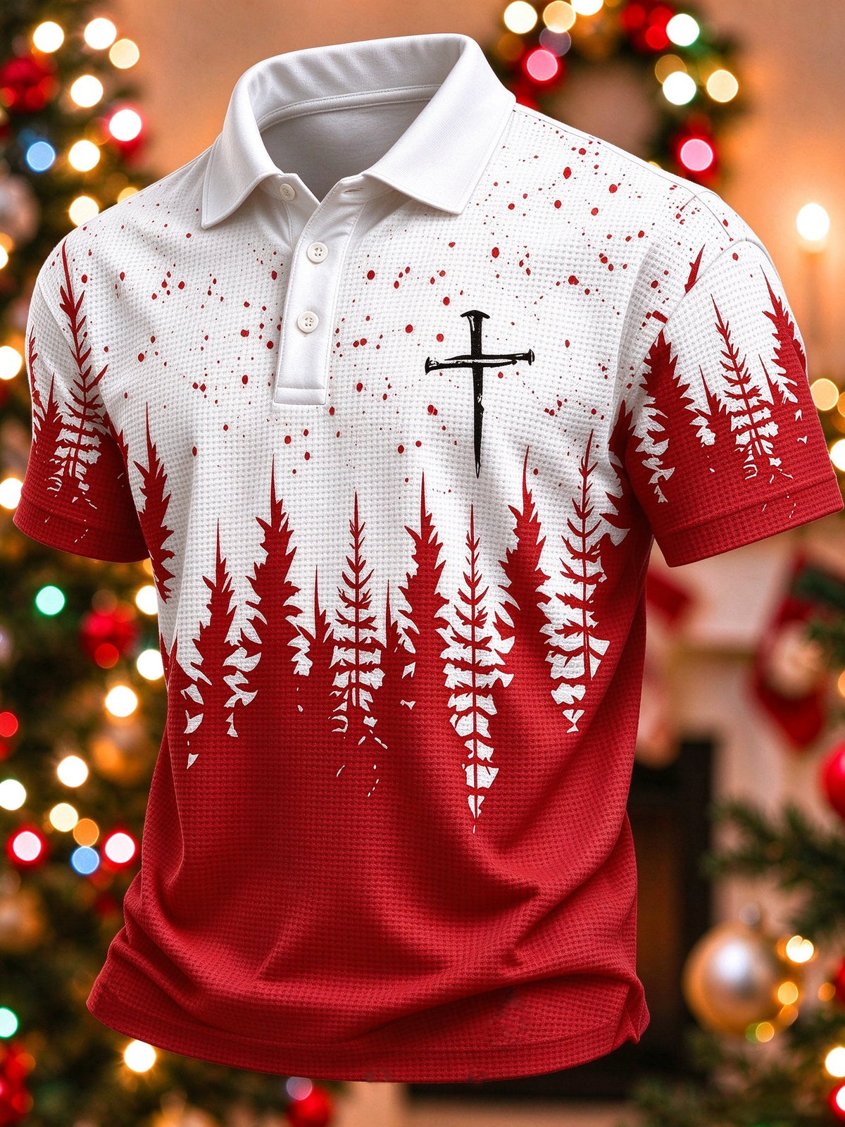 Men's Christmas Print Short-Sleeve Waffle Polo Shirt