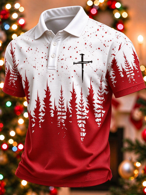 Men's Christmas Print Short-Sleeve Waffle Polo Shirt