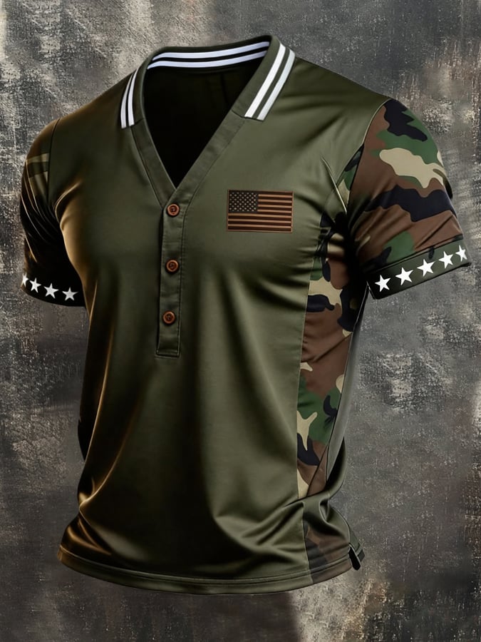Men's Retro Patriotic Color-Block V-Neck Short-Sleeve T-Shirt