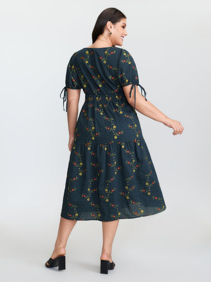 Floral Embroidered Sleeve Tie Midi Dress