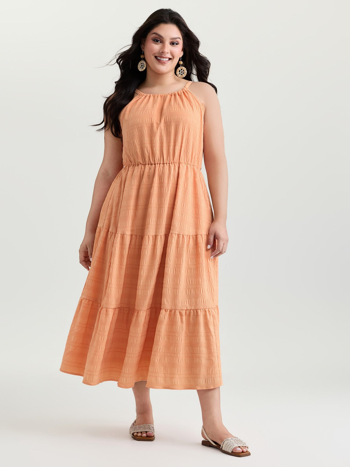 Breezy Halter-Neckline Tiered Midi Dress