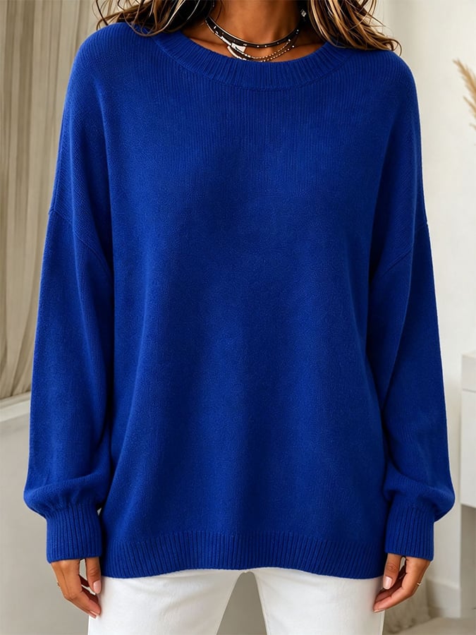 Women's Solid-Color Long-Sleeve Crew-Neck Knit Sweater