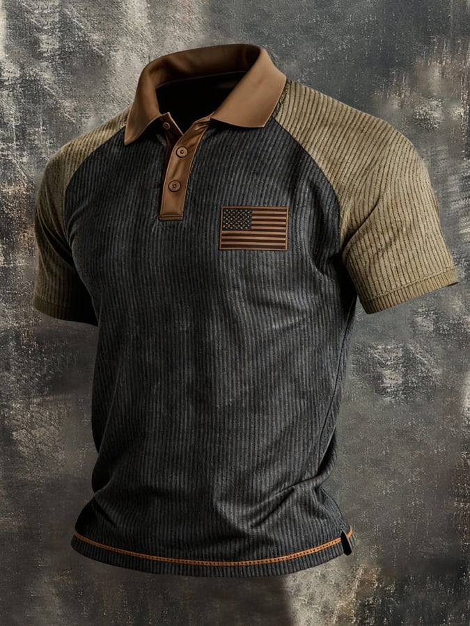 Men's Retro Ribbed Color-Block "Patriot" Polo-Collar Casual T-Shirt