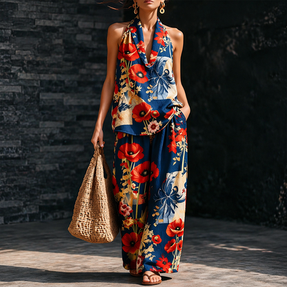 Women's "Memorial Day" Poppy Print Casual Linen Two-Piece Set