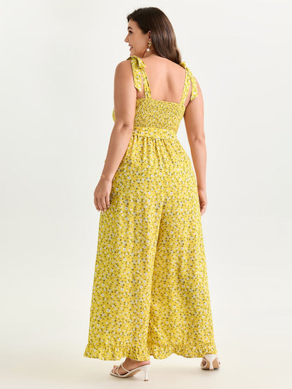 Floral Print Shoulder-Tie Ruffled Hem Jumpsuit