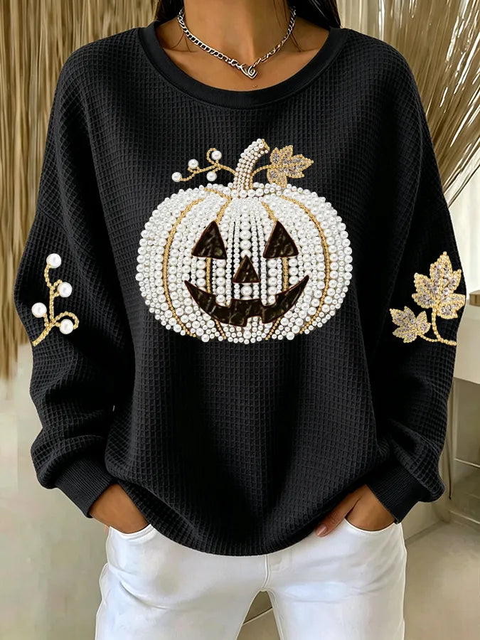 Women'S Pumpkin Print Waffle Sweatshirt