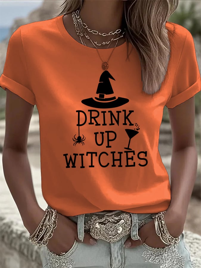 🔥HOT SALE🔥Women's Drink Up Witches Print Casual T-shirt