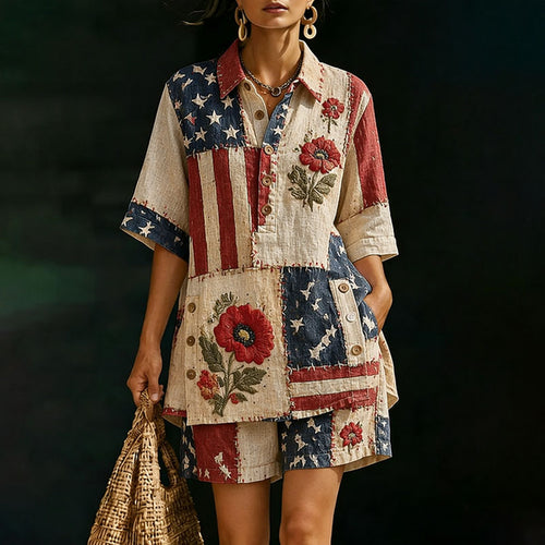 Women’s American Flag and Poppy Floral Print Shirt and Shorts Set