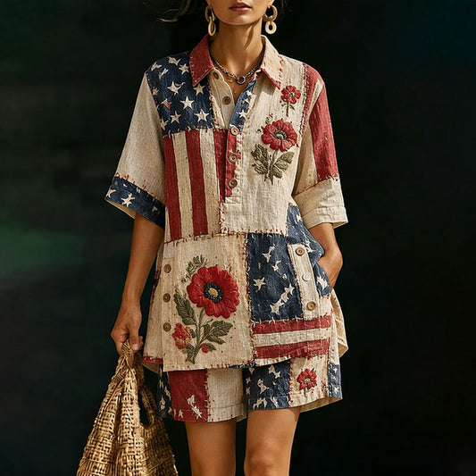 Women’s American Flag and Poppy Floral Print Shirt and Shorts Set