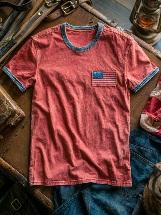 Men's Retro Patriotic Color-Block Crew Neck Short-Sleeve T-Shirt