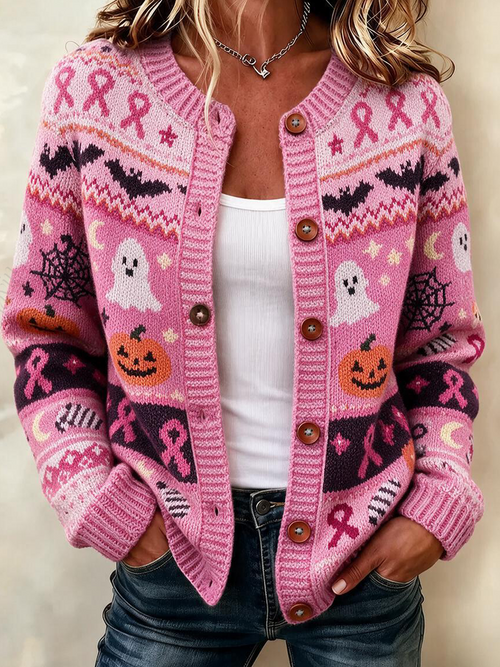 Women'S Vintage Halloween Breast Cancer Pink Ribbon Isle Pattern Print